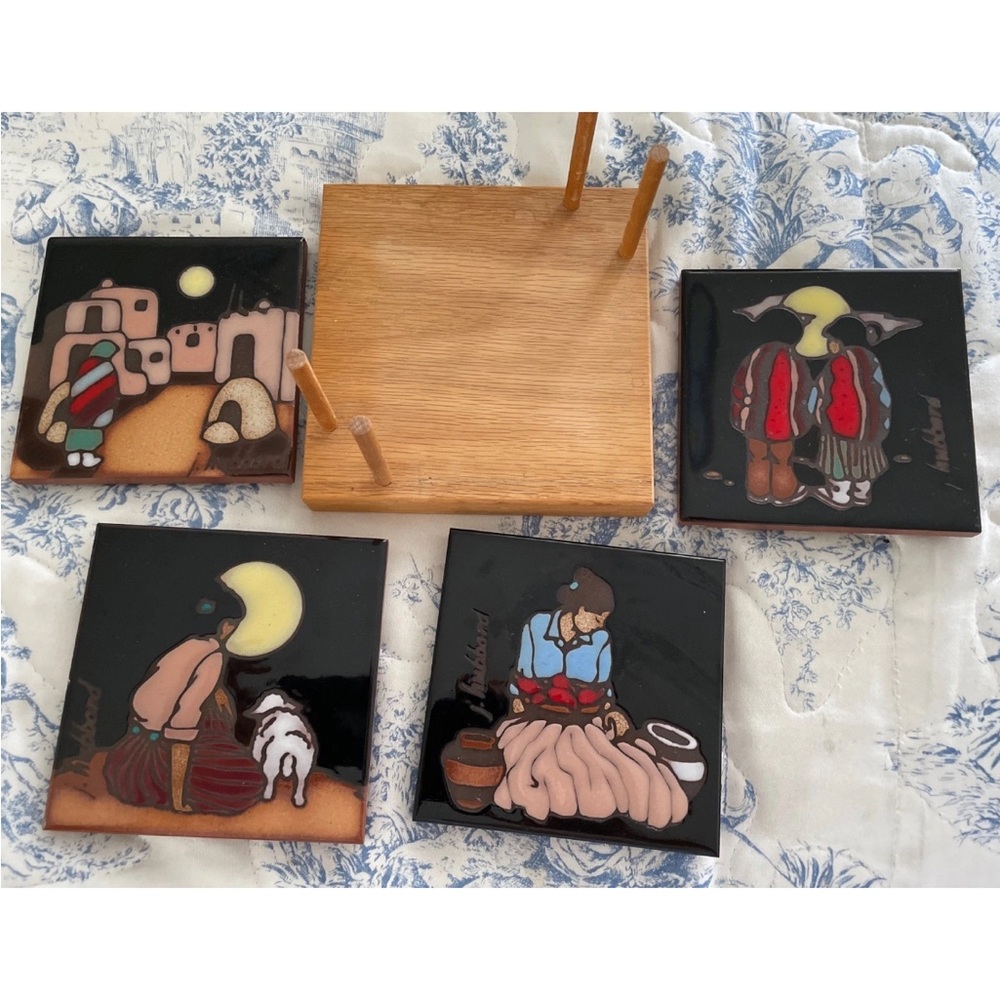 Vtg 4 piece set of tile coasters Set of 4 Masterwork With Wood Stand J. Hubbard